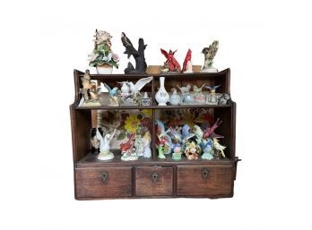 Solid Walnut Shelf Organizer With Old Square Nails And LOTS Of Ceramic And Glass Bird Figurines!!