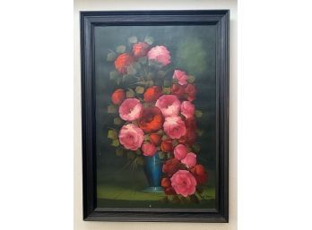 Pink And Red Flowers On Dark Canvas, Signed