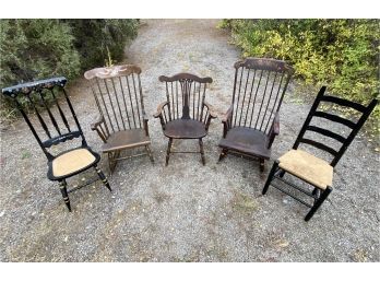Beautiful Dark Assorted Chair Lot (5) Includes Nichols And Stone Rocker And M.W. Colony Rocker