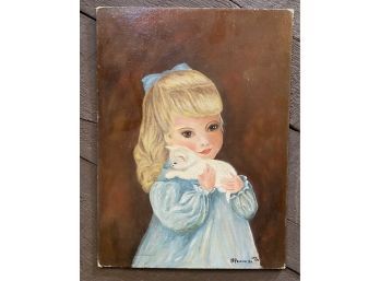 A D Provancha 1959 Oil On Cardboard Canvas Of Girl With Kitten