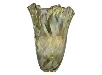 Beautiful Green And White Glass Vase. Handmade In Poland
