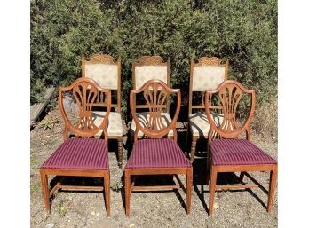 Two Sets Of Three Matching Wooden Chairs With Cushions (6) Make Unknown
