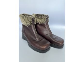 La Canadienne Brown Fuzzy Zip-up Boots, Size 7 1/2 (37) (made In Canada)