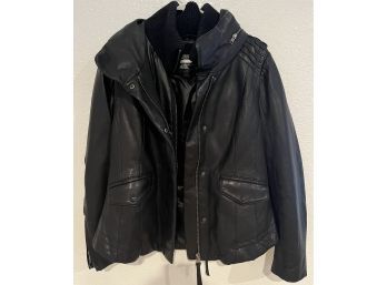 Women's Black Mackage Leather Hooded Package Jacket, Size L/g