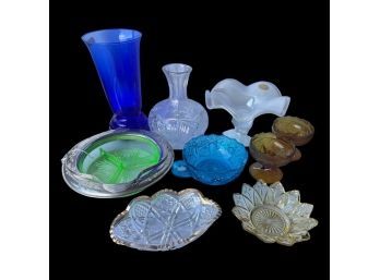 Beautiful Assortment Of Multi-colored Glassware! Amber Cups, Green Dish, Blue And Yellow Candy Bowls And More