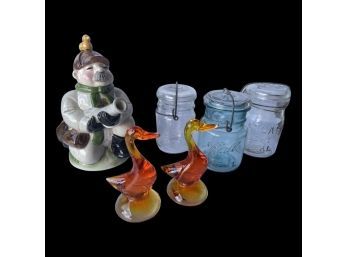Pair Of Orange/yellow Glass Duck Figurines, Vintage Ball Ideal Mason Jars, And Shooter Designed Jar