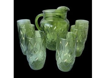 Vintage Anchor Hocking Green Glasses And Pitcher
