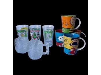 Adorable Collection Of Peanuts Drinking Glasses And Character Mugs! Plus Two Flintstones Glass Mugs