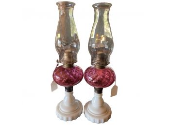 Matching Cranberry Milk Glass Oil Lamps