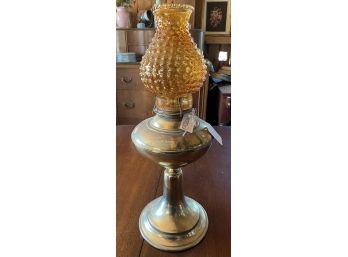 Brass Oil Lamp With Orange Colored Glass (19in)