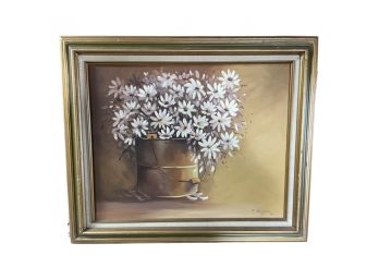 Daisies In A Bucket, Canvas Painting By Signed Artist, 1980