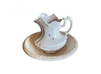 Large White Pitcher With Dainty Floral Designs And Large Serving Bowl