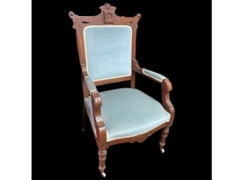 Antique Eastlake Style Chair On Wheels With Baby Blue Fabric Cushion And Back Rest!