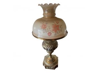 Stunning Vintage Table Lamp! Glass Shade With Pink Flowers And Brass Base!