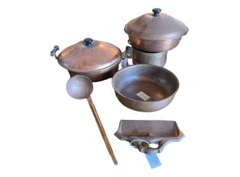 Copper Pans And More! Assortment Of Vintage Copper Pans With Lids (2), Ladle, Bowl And Mini Dust Pan