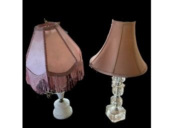 Pair Of Pink Shaded Lamps With Glass Vases