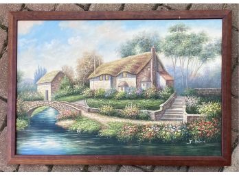 Gorgeous House On The Water Canvas Painting With A Cherry Frame. Signed In Bottom Corner