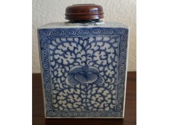 Vintage Ceramic Blue Vessel With Wooden Top, 6'