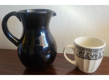 Black Glazed Ceramic Pitcher With Handle And Mug, Pitcher ~9 Inches