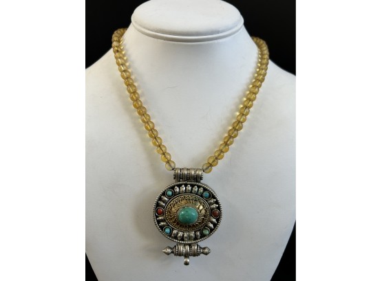 Beaded, Stone, Turquoise Medallion Necklace