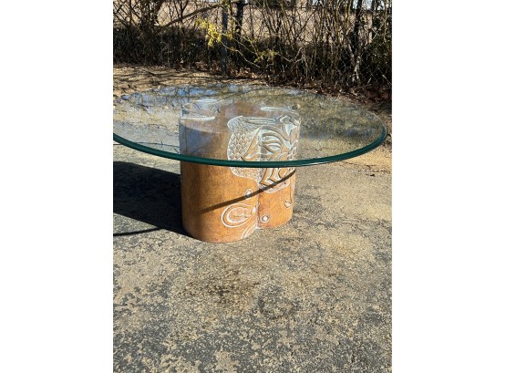 Round Glass Top Coffee Table With Wooden Base - Approximately 4' In Diameter And 18' Tall