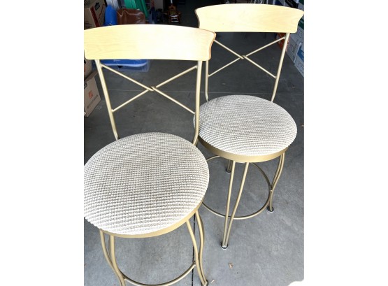 Set Of 2 Barstools, Wooden Tops, Gold Colored Metal Frame & Fabric Padded Seats
