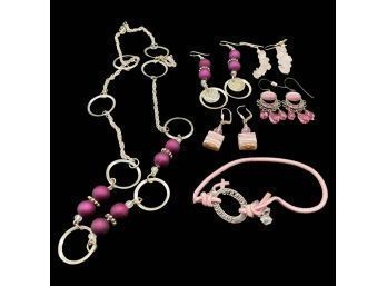 Pink Jewelry Collection Including A Necklace, Bracelet, And (4) Pairs Of Earrings