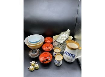 Assortment Of Miso Soup Bowls, Regular Bowls, Cups And A Juice Pitcher