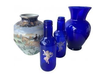 Blue Glass Vase And Bottles And Colorful Vase With Horse Carriage Designs