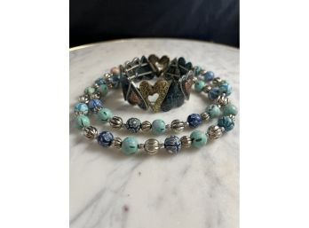 Long Blue Beaded Necklace And Metal Heart Bracelet Set
