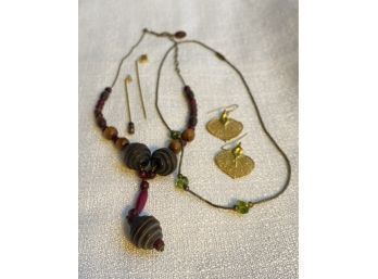 Two Boho Beaded Necklaces, Aspen Leaf Earrings, And Two Brooches