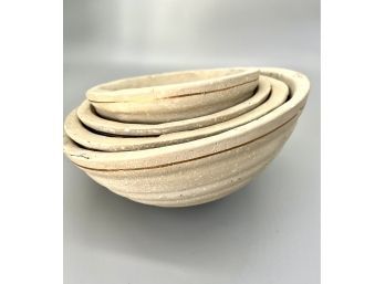 Decorative Pottery Bowls, Set Of 4, Natural Clay Color With Gold Colored Accent Stripe