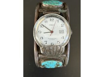 Turquoise & Silver Timepiece - The Second Hand Is Ticking - One Stone Missing (see Photos)