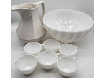 White Ceramic Bowl, Cups & Pitcher
