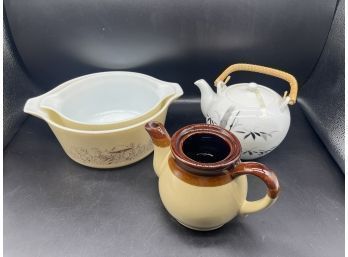 Teapot, Honey Pot And 2 Pyrex Containers