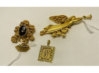 Angel With Horn Brooch, Tree With Gem Brooch, Pendant With Initial 'W'