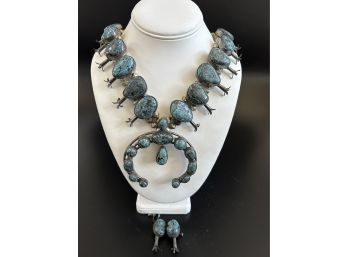 Landers Squash Turquoise & Silver Necklace And Earrings - Unknown If This Is Genuine Lander Turquoise