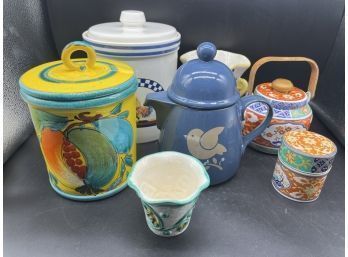 Assortment Of Animal And Floral Patterned Teapots And Cookie Jars
