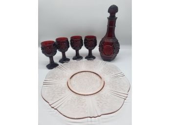 Ruby Whiskey Decanter, Glasses & Pink Platter