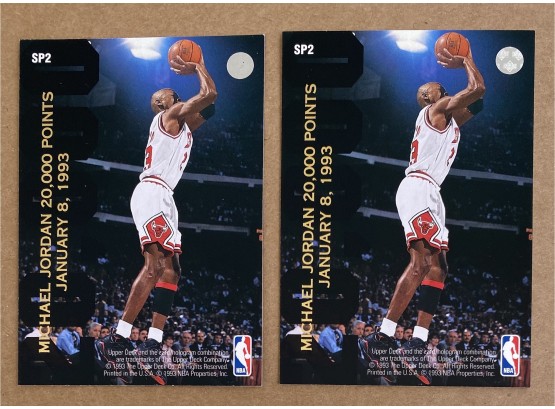 (2) 1993 Upper Deck Double Sided Basketball Cards, Michael Jordan And Dominique Wilkins 20,000 Points Cards