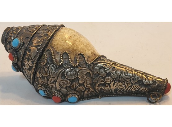 Tibetan  Conch Shell Trumpet With Stones And Engraved Metal