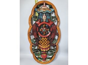 Nepalese Auspicious Symbols Wooden Carving, 18'