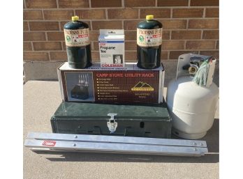 Camping Cookout Lot (includes Coleman Camp Stove, 3 Tanks Of Propane, Collapsable Stove Stand, Stove Rack)
