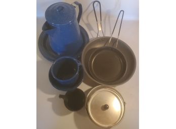 Lot Of Camping Dishes: Blue Enamelware Pitcher, Cup, And Plates, Two Frying Pans, Etc