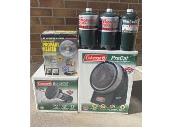 Stay Warm This Winter! Portable Heater Lot Including 3 Mini Tanks Of Propane
