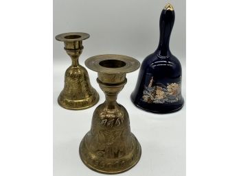 Brass Bell Candle Holders And Blue Porcelain Bell