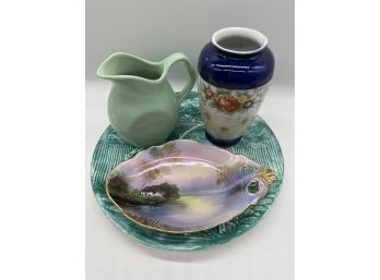 Noritake Handpainted In Japan Dish, Porcelain Vace, The Pantry Parade Green Pitcher, Asian Platter