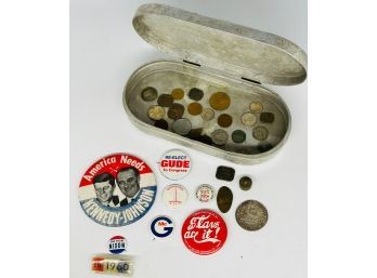 Collection Of Vintage Campaign Buttons, Old Coins, Weights. Includes Tin Container