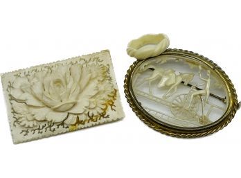 Faux Ivory Pendants & Ring. Rose Pendant. Horse &  Bicycle Carved Pendant.