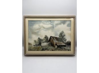 Farm House/Barn Watercolor Painting, Artist Unknown (Approx. 14in X 18in With Frame)